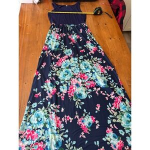 Blue Floral Sleeveless Empire Waist Maxi Dress Navy Blue Pink Medium